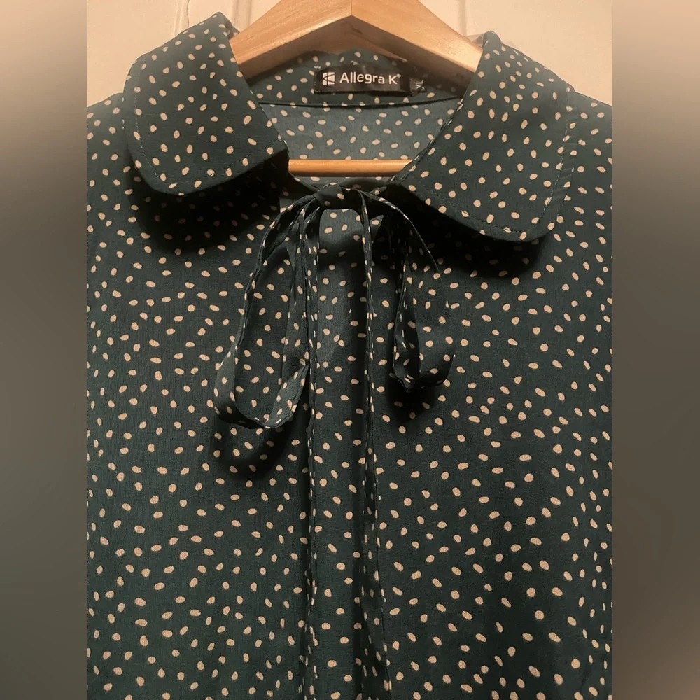 NWT Allegra K Teal and White Polka Dot Blouse - Picture 3 of 14